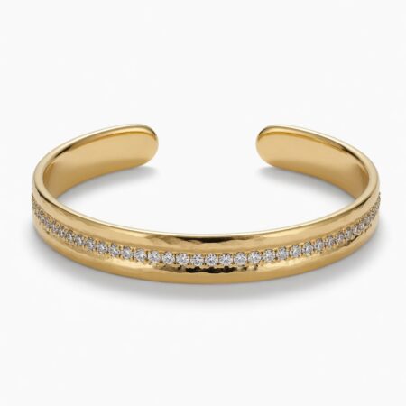 Hammered Gold Open Cuff Bracelet with CZ Diamond Row